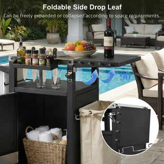 K&K 33.9' Outdoor Grill Cart with Drop Leaf, Outdoor Metal Bar Cart Pizza Oven Table with Wheels, Stainless Steel Top, Outdoor Kitchen Island with Storage Cabinet & Spice & Paper Rack for BBQ, Waterpr