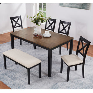6-Piece Dining Table Set with Bench – Classic Two-Tone Black &amp; Oak Wooden Dining Set for 6, Timeless Farmhouse 6-Person Kitchen Table Set with 4 Chairs and Bench, Heavy Duty Dining Room Furniture