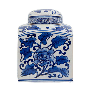 Hand painted blue and white ceramic square canister, view 4