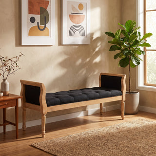 52-Inch Upholstered Bench with Curved Arms, Natural Wood & Charcoal Grey