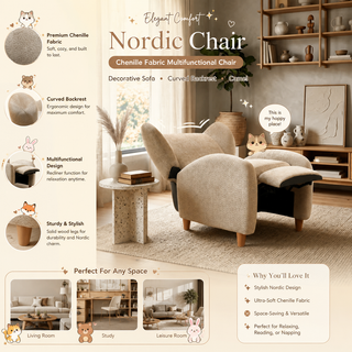 Nordic Chair ,chenille Fabric Multifunctional Chair, Decorative Sofa, Curved Backrest,  Living Room  Study  Leisure Room ,Camel,