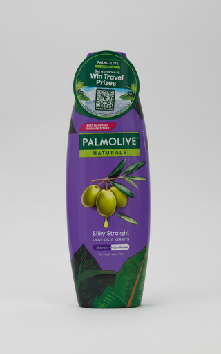 Palmolive Naturals Silky Straight shampoo bottle with olive oil and leaf design on a white background.
