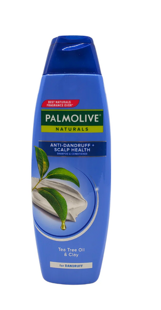 Palmolive Naturals shampoo bottle with tea tree oil and clay on a white background
