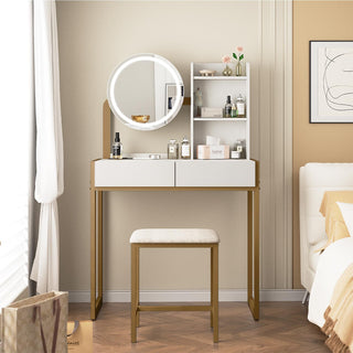 Small Vanity Desk with Mirror and Lights, Makeup Vanity Table with LED Mirror, 3 Lighting Modes, Power Outlet, Drawer, Open Shelves and Cushioned Stool for Bedroom (White and Gold)
