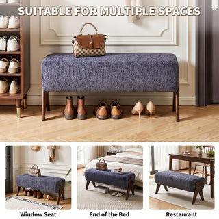 Modern Decorative Chenille Fabric Bench, Ergonomic Padded Entry Bench with Solid Wood Legs, Upholstered Ottoman Bench for Foyer Bedroom Living Space