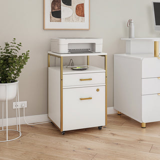 Modern Rolling 2-Drawer File Cabinet with Locking File Drawer, 2 USB Charging Ports & Power Outlet, and Locking Wheels, White & Gold