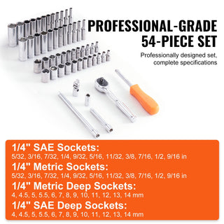 54-Piece 1/4" Drive Socket Set | SAE & Metric Deep & Standard Socket and Ratchet Kit
