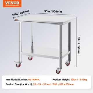 36x24 Inch Stainless Steel Work Table with Wheels | Heavy-Duty Commercial Food Prep Table with Casters
