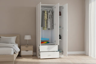 Austral 3 Door White Armoire Wardrobe with Drawers, Shelves, and Hanging Rod