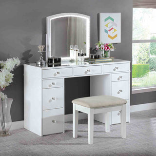 Contemporary Style 1pc Vanity Set 3mm Mirror LED Lights Storage Drawers Wooden Glides White Finish Stool Included Bedroom Furniture
