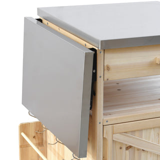 K&K 40.5" Outdoor Grill Cart – Solid Wood Rolling Kitchen Cart with Stainless Steel Top, Drop Leaf, Drawer, Towel Rack & Lockable Wheels for Patio, Lawn & Garden