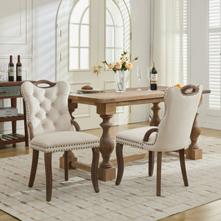 Velvet Dining Chair with Handmade Tufted Trim, Solid Wood Handles on Top and Sides, Vintage Copper Nail Decoration, Curved Solid Wood Legs, Elegant Overall Shape,Set of 2,Beige