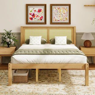 Queen Solid Wood Platform Bed with Rattan Headboard, Farmhouse Boho
