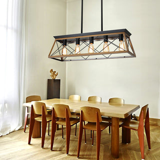 32" Walnut Industrial 5-Light Pendant Chandelier – Modern Metal Cage Hanging Light with Adjustable Height for Dining Room, Kitchen & Living Room (No Bulbs)