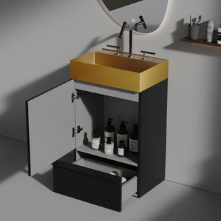 Gada 20" Striped Matte Black Freestanding Bathroom Vanity with Integrated Brushed Gold 304 Stainless Steel Sink – Modern Bathroom Cabinet, KD