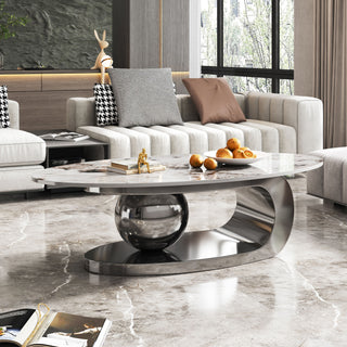 49.2" Oval Faux Marble Coffee Table - Modern Living Room Table with Stainless Steel Base