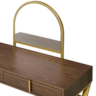 ACME Coleen Walnut &amp; Gold Vanity Desk with Mirror &amp; Jewelry Tray - Modern 2-Drawer Dressing Table with X-Shape Metal Frame