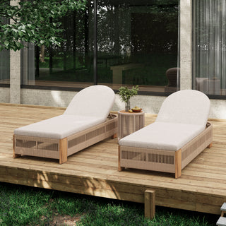 Outdoor Rope Chaise Lounge Set – 3-Piece Patio Furniture with Adjustable Backrests, Teak-Look Acacia Wood Side Table, Beige Cushions, Beige Rope Design – Ideal for Poolside & Garden Lounging