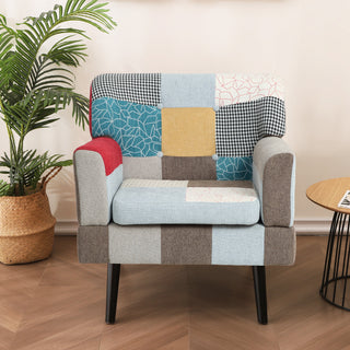 Patchwork Accent Chair, Mid-Century Modern Fabric Club Chair, Comfy Colorful Single Sofa for Living Room, Bedroom, Office, Study, and Reading Room