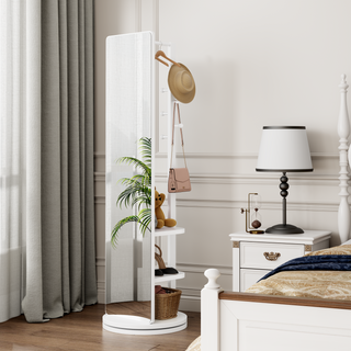 360° Rotating Full Length Mirror with Coat Rack, Solid Wood, White
