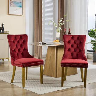Mid-Century Modern Dining Chairs Set of 2 – High-End Tufted Velvet Upholstered Chairs with Lion Head Pull Ring, Golden Wooden Legs &amp; Nailhead Trim, Contemporary Luxury Side Chairs - Wine Red SW1201WR