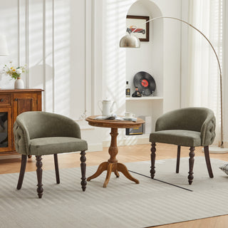 Hand-pulled buckle decoration PU Dining Chair,Accent Leisure Chair, Mid-Century Modern Arm Chair with Solid Wood Armrests and Legs, 1-Seat Cushioned Sofa for Living Room Bedroom,Olive Green color