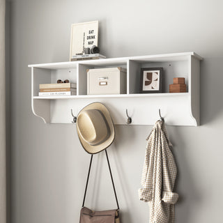 White Entryway Wall Mounted Coat Rack with 4 Dual Hooks - Modern Wooden Storage Shelf
