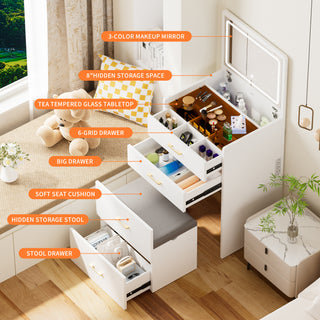 23.6'' Flip Top Makeup Vanity Desk - Lighted Mirror, Storage Stool, Power Outlet