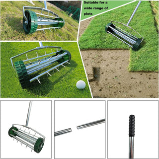 Heavy Duty Rolling Lawn Aerator | Rotary Push Tine Spike Soil Aerator with Long Steel Handle