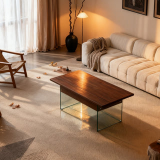 Multifunctional Lift Top Coffee Table with Tempered Glass Legs – Modern Dark Wood Grain Center Table for Living Room & Office