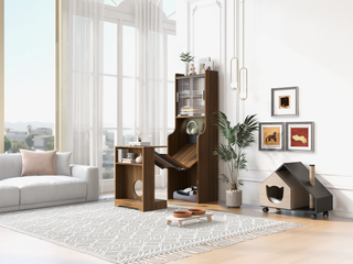 Mid-Century Modern Walnut Vintage Multi-use Cabinet With Cat scratcher Bed cat friendly furniture