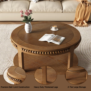 31.5" Round Solid Wood Walnut Coffee Table - 2-Tier Thickened Top Center Table