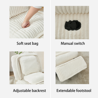 [NEW ARRIVAL] 360° Swivel Rocking Recliner Chair – Manual Glider Armless Single Sofa with Adjustable Backrest, Footrest & Pillows, Corduroy Upholstery for Living Room or Small Spaces, Beige