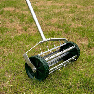Heavy Duty Rolling Lawn Aerator | Rotary Push Tine Spike Soil Aerator with Long Steel Handle