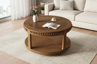 31.5" Round Solid Wood Walnut Coffee Table - 2-Tier Thickened Top Center Table