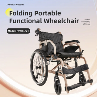 Lightweight Foldable Transport Wheelchair for Adults – Gold, Square Tube Frame, Double Brakes, Adjustable Handrail, 250 lbs Capacity, Easy Storage