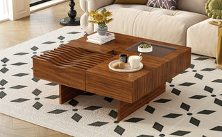 U-Can 33''Mid Century Modern Coffee Table,Unique Square Wooden Coffee Table with 3 Drawers, Tempered glass and Solid Wood Legs for Living Room