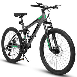 A2460 24 Inch Mountain Bike with Full Suspension, 21 Speed Shifter Lever with Gear Indicator, High Carbon Steel Frame, Mechanical Disc Brakes, Unisex for Men/Women/ Adults, Ideal for Trails.