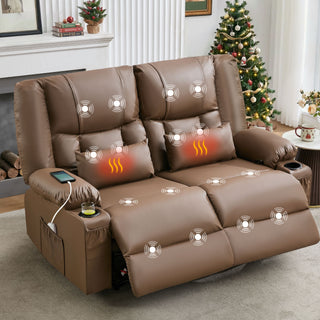 Recliner Loveseat with Massage and Heating for Living Room,Love Seat Manual Oversized Recliner with Cup Holders,Side Pocket for Adult,BROWN