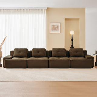 153' Modern Modular Sectional Sofa for Living Room, Corduroy Fabric,4-Seater Couch with Deep Seat, Pearl-like piping, Tufted Design, Buckle connection, No Assembly, Anti-slip Design, Brown