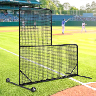 L-Shaped Baseball Net for Batting Cages – 84''H x 84''W with 42'' x 42'' Cutouts, Portable Pitching Net with Wheels and Carry Bag