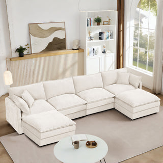 Beige 130.7" U-Shaped Modular Sectional Sofa - 4-Seater Chenille Cloud Couch with Ottoman