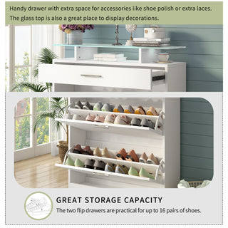 [VIDEO provided] ON-TREND Slim Entryway Organizer with 2 Flip Drawers, Tempered Glass Top Shoe Storage Cabinet with Drawer, Free Standing Tipping Bucket Shoe Rack with LED Light for Hallway, White