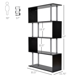 Modern S-Shaped 5 Tier Room Dividing Bookcase Wooden Storage Display Stand Shelf - Black