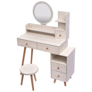 CRAZY ELF Stylish Vanity Table with Cushioned Stool - Touch Control LED Mirror, 5 Drawers, Adjustable Length (L31.5"-43.2" x W15.8" x H48.1") - Large Capacity Storage Makeup Furniture