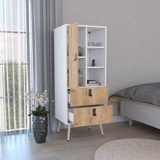 Huna Tall Dresser | 2-Drawer Storage Unit with Door and; Open Shelves