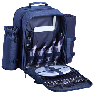 Beach Picnic Backpack Bag for 4 Person with Cooler Compartment Navy Blue
