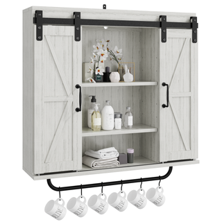 Rustic Wood Wall Storage Cabinet with Two Sliding Barn Doors, 3-Tier Farmhouse Vintage Cabinet for Kitchen, Dining, Bathroom, Living Room – Vintage Gray