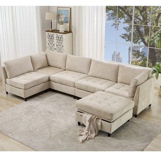 [New Arrival] Modular U-Shaped Sectional Sofa with Storage Ottoman – 6-Seat Convertible Chenille Couch, Beige, Video Provided