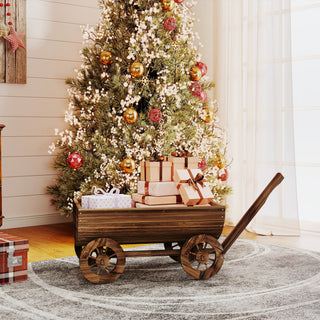 Outsunny Wooden Wagon Planter Box, Mobile Garden Planter with 4 Wheels, Small Wheelbarrow Wagon Flower Cart with Drainage Hole